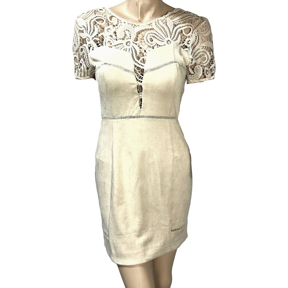 JOA Los Angeles Beige Lace Faux Suede Dress Size M Medium Sheath NWT